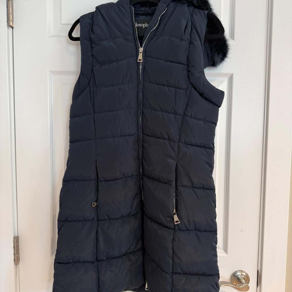 Philosophy JR studio Long Navy Vest with Hoodie - Size Small